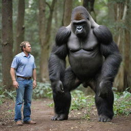 A captivating image showing a size comparison of the largest recorded gorilla standing next to an average adult human. The image emphasizes the gorilla's impressive stature and muscle mass, highlighting nature's grandeur.