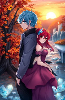 A romantic and dramatic scene depicting two characters in a lush, enchanting setting
