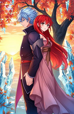 A romantic and dramatic scene depicting two characters in a lush, enchanting setting
