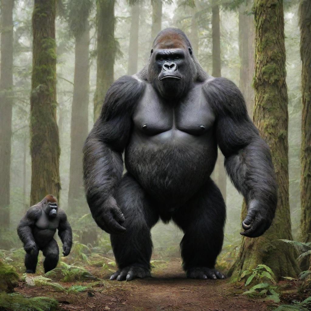 A fascinating image showcasing a size comparison between the biggest known gorilla and a fantastical representation of Bigfoot. The image aims to emphasize their respective sizes, textures, and features in a mythical forest setting.