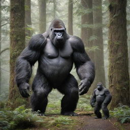 A fascinating image showcasing a size comparison between the biggest known gorilla and a fantastical representation of Bigfoot. The image aims to emphasize their respective sizes, textures, and features in a mythical forest setting.