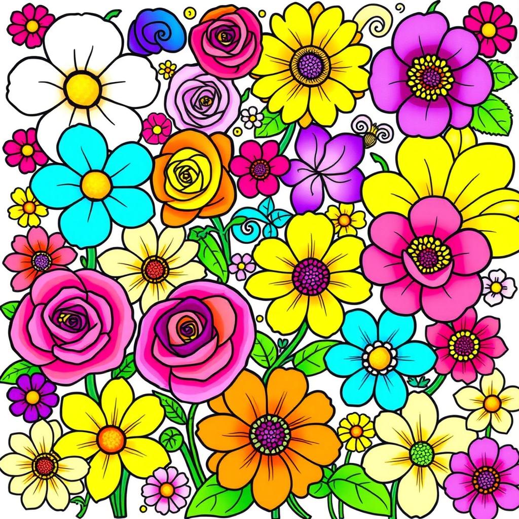 A vibrant and colorful illustration of various flowers suitable for a coloring book, featuring a rich array of blooms including roses, sunflowers, orchids, and daisies