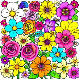 A vibrant and colorful illustration of various flowers suitable for a coloring book, featuring a rich array of blooms including roses, sunflowers, orchids, and daisies