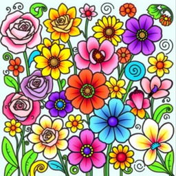 A vibrant and colorful illustration of various flowers suitable for a coloring book, featuring a rich array of blooms including roses, sunflowers, orchids, and daisies