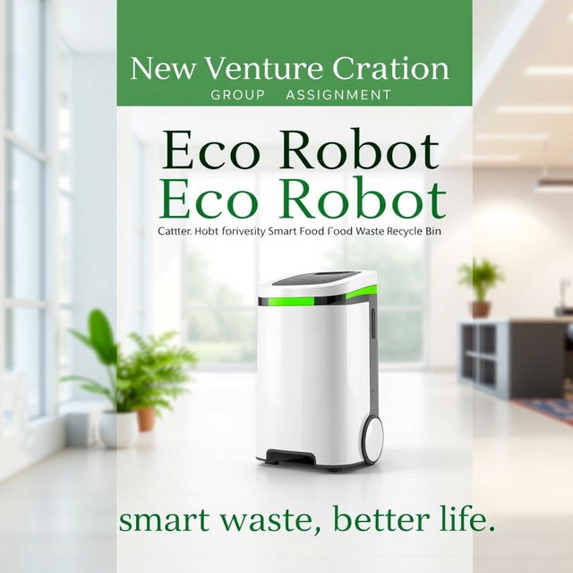 A visually appealing cover page design featuring the Eco Robot Smart Food Waste Recycle Bin prominently showcased in a modern and clean environment