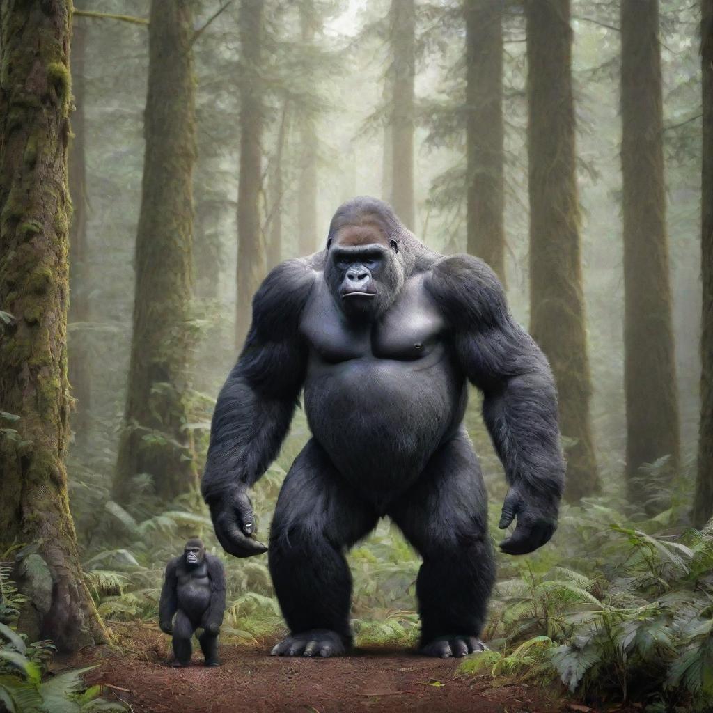 A fascinating image showcasing a size comparison between the biggest known gorilla and a fantastical representation of Bigfoot. The image aims to emphasize their respective sizes, textures, and features in a mythical forest setting.