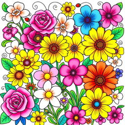 A vibrant and colorful illustration of various flowers suitable for a coloring book, featuring a rich array of blooms including roses, sunflowers, orchids, and daisies