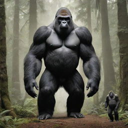 A fascinating image showcasing a size comparison between the biggest known gorilla and a fantastical representation of Bigfoot. The image aims to emphasize their respective sizes, textures, and features in a mythical forest setting.