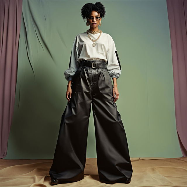 Retro 90s super wide-leg baggy pants in a bold black hue, styled on a mannequin against a vintage backdrop in an editorial product shot.