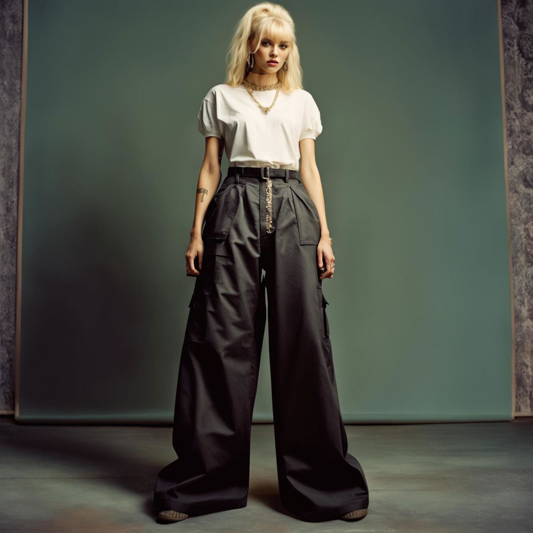 Retro 90s super wide-leg cargo pants in a bold black hue, captured in a vintage-style photograph.