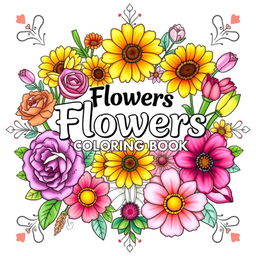 A stunning cover design for a flowers-themed coloring book, featuring a vibrant and colorful arrangement of various flowers including roses, sunflowers, tulips, and daisies