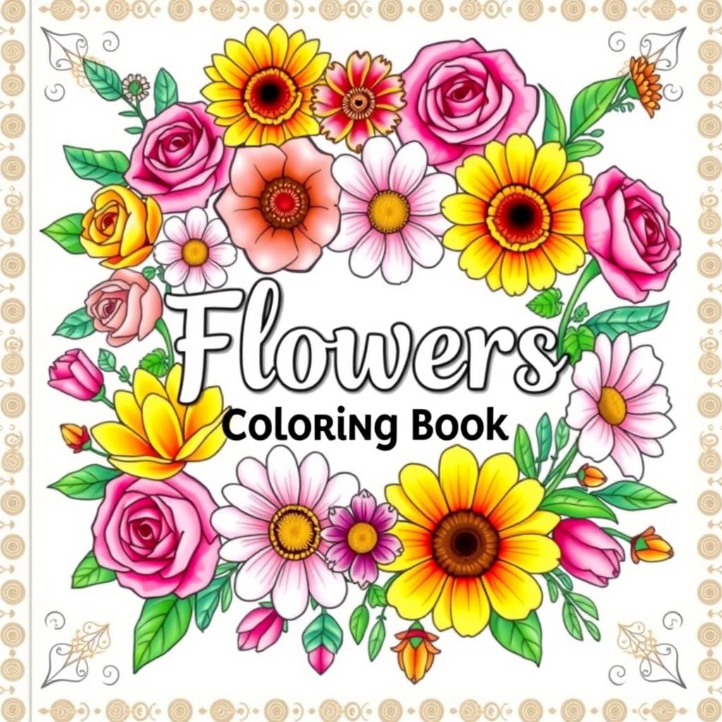 A stunning cover design for a flowers-themed coloring book, featuring a vibrant and colorful arrangement of various flowers including roses, sunflowers, tulips, and daisies