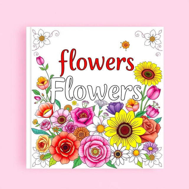 A stunning cover design for a flowers-themed coloring book, featuring a vibrant and colorful arrangement of various flowers including roses, sunflowers, tulips, and daisies