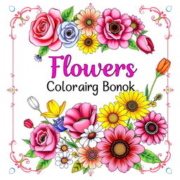 A stunning cover design for a flowers-themed coloring book, featuring a vibrant and colorful arrangement of various flowers including roses, sunflowers, tulips, and daisies