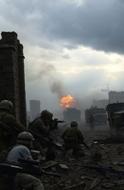 A dramatic battlefield scene showcasing soldiers in the midst of an intense skirmish, with smoke rising and explosions echoing in the background