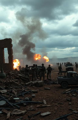 A dramatic battlefield scene showcasing soldiers in the midst of an intense skirmish, with smoke rising and explosions echoing in the background