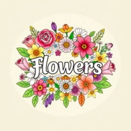An enchanting cover design for a flowers-themed coloring book, featuring a diverse collection of blooming flowers such as roses, tulips, daisies, and lilies intricately arranged around the title