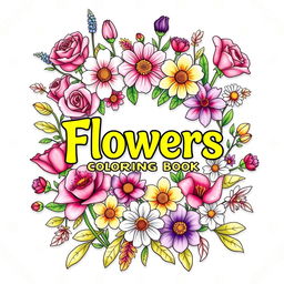 An enchanting cover design for a flowers-themed coloring book, featuring a diverse collection of blooming flowers such as roses, tulips, daisies, and lilies intricately arranged around the title