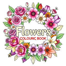 An enchanting cover design for a flowers-themed coloring book, featuring a diverse collection of blooming flowers such as roses, tulips, daisies, and lilies intricately arranged around the title