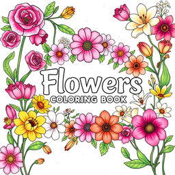 An enchanting cover design for a flowers-themed coloring book, featuring a diverse collection of blooming flowers such as roses, tulips, daisies, and lilies intricately arranged around the title