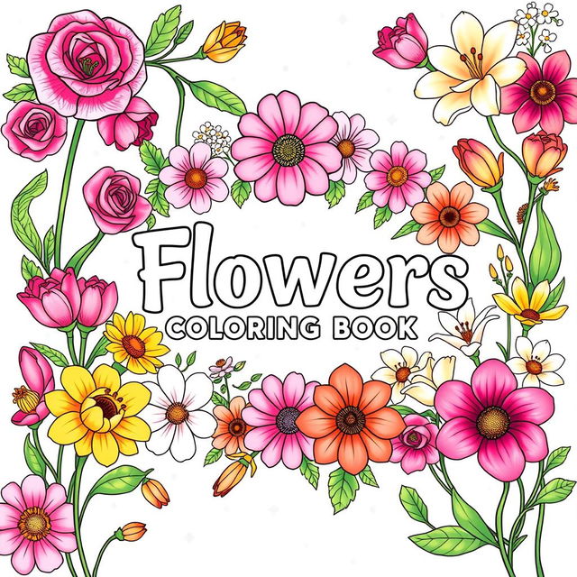 An enchanting cover design for a flowers-themed coloring book, featuring a diverse collection of blooming flowers such as roses, tulips, daisies, and lilies intricately arranged around the title