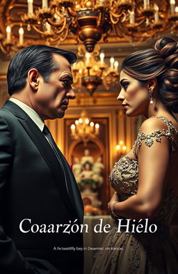A dramatic scene depicting a businessman in a tailored suit and a wealthy woman in an elegant high-fashion gown, staring fiercely at each other in a luxurious ballroom