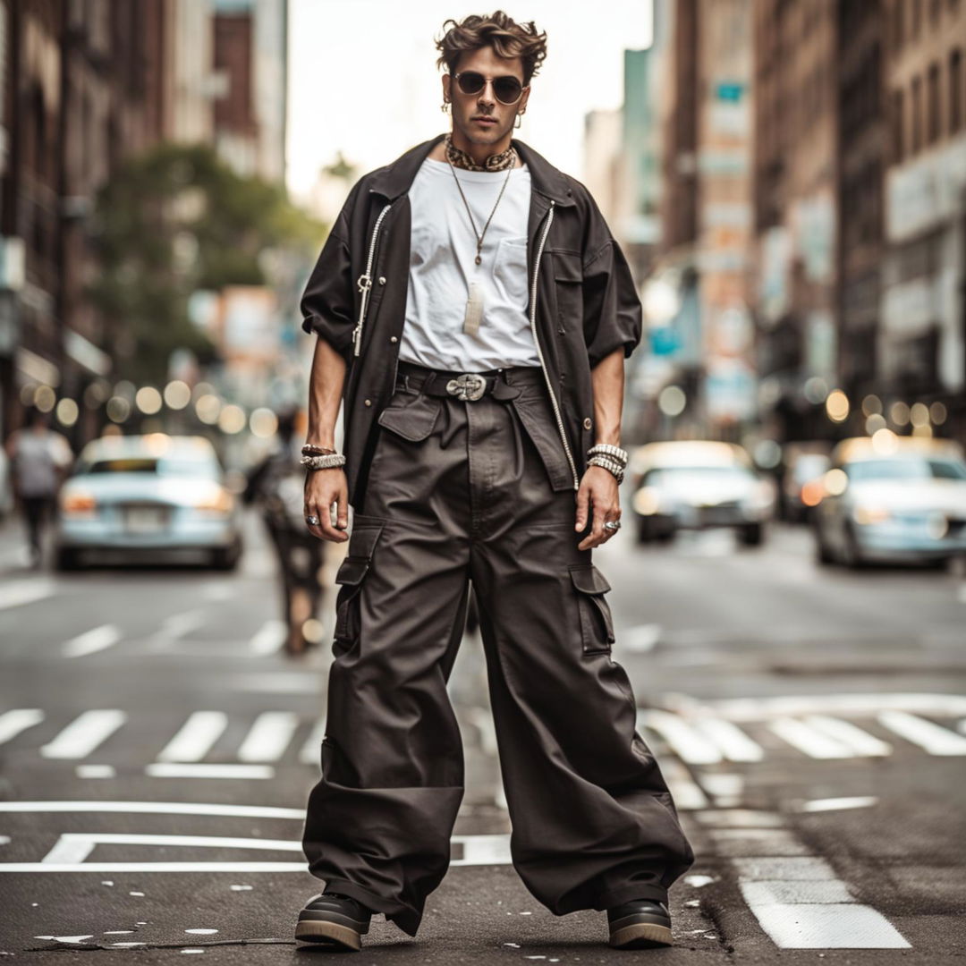 Hip man in retro 90s cargo pants, styled in a street-style fashion, captured in a vintage-style photograph.