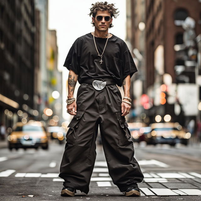 Hip man in retro 90s cargo pants, styled in a street-style fashion, captured with a 200mm lens in a high-resolution 32k vintage-style photograph.