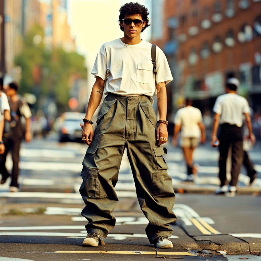 High-resolution photograph of 90s street style featuring retro cargo pants on a bustling city street. Shot with a 200mm lens at 32k resolution.