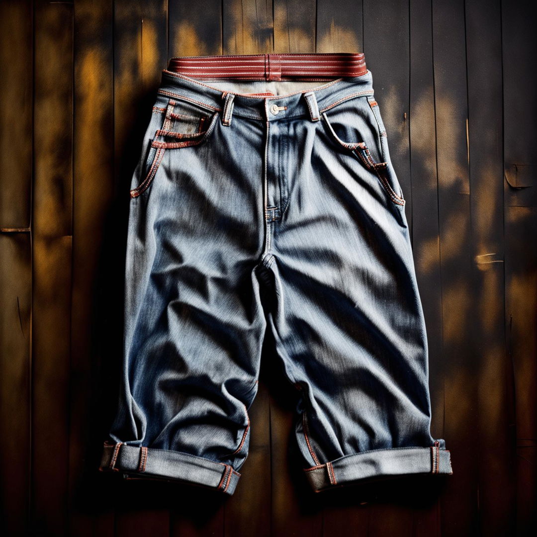 High-resolution product shot of 90s retro baggy jeans with a nostalgic vibe, shot with a 200mm lens.