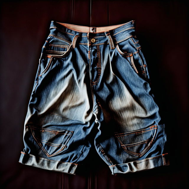 High-resolution product shot of 90s retro baggy jeans with a nostalgic vibe, shot with a 200mm lens.