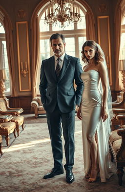 A dramatic scene depicting a businessman in a tailored suit, looking stern and frustrated, and a young woman from a wealthy family, elegantly dressed, with an expression of disdain on her face