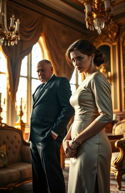 A dramatic scene depicting a businessman in a tailored suit, looking stern and frustrated, and a young woman from a wealthy family, elegantly dressed, with an expression of disdain on her face