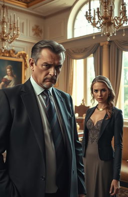 A dramatic scene depicting a businessman in a tailored suit, looking stern and frustrated, and a young woman from a wealthy family, elegantly dressed, with an expression of disdain on her face