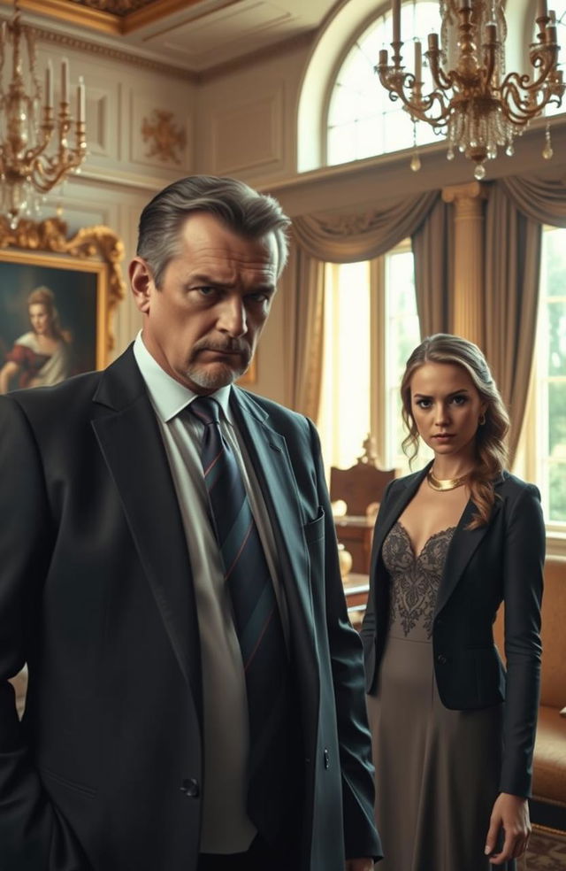 A dramatic scene depicting a businessman in a tailored suit, looking stern and frustrated, and a young woman from a wealthy family, elegantly dressed, with an expression of disdain on her face