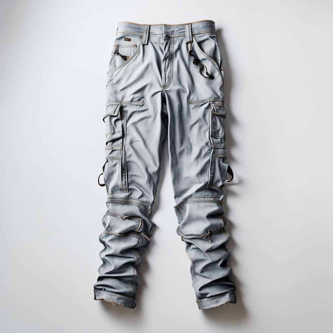 High-resolution product shot of 90s retro cargo pants in faded blue denim, taken with a 200mm lens against a white background.