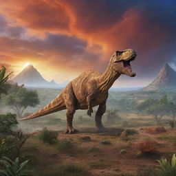 Visualise a vivid prehistoric landscape during the Cretaceous period, featuring expansive plains, towering dinosaur species, and primordial vegetation under a vibrant prehistoric sky.