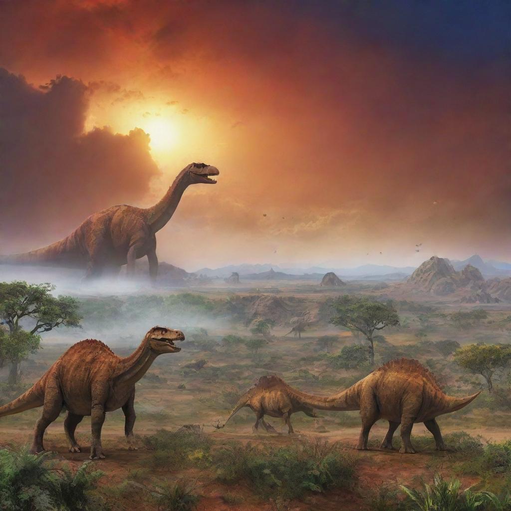 Visualise a vivid prehistoric landscape during the Cretaceous period, featuring expansive plains, towering dinosaur species, and primordial vegetation under a vibrant prehistoric sky.