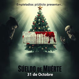 A chilling movie poster for 'Sueldo de Muerte', featuring a bloody paycheck in the center, surrounded by a festive Christmas tree which contrasts with the gruesomeness