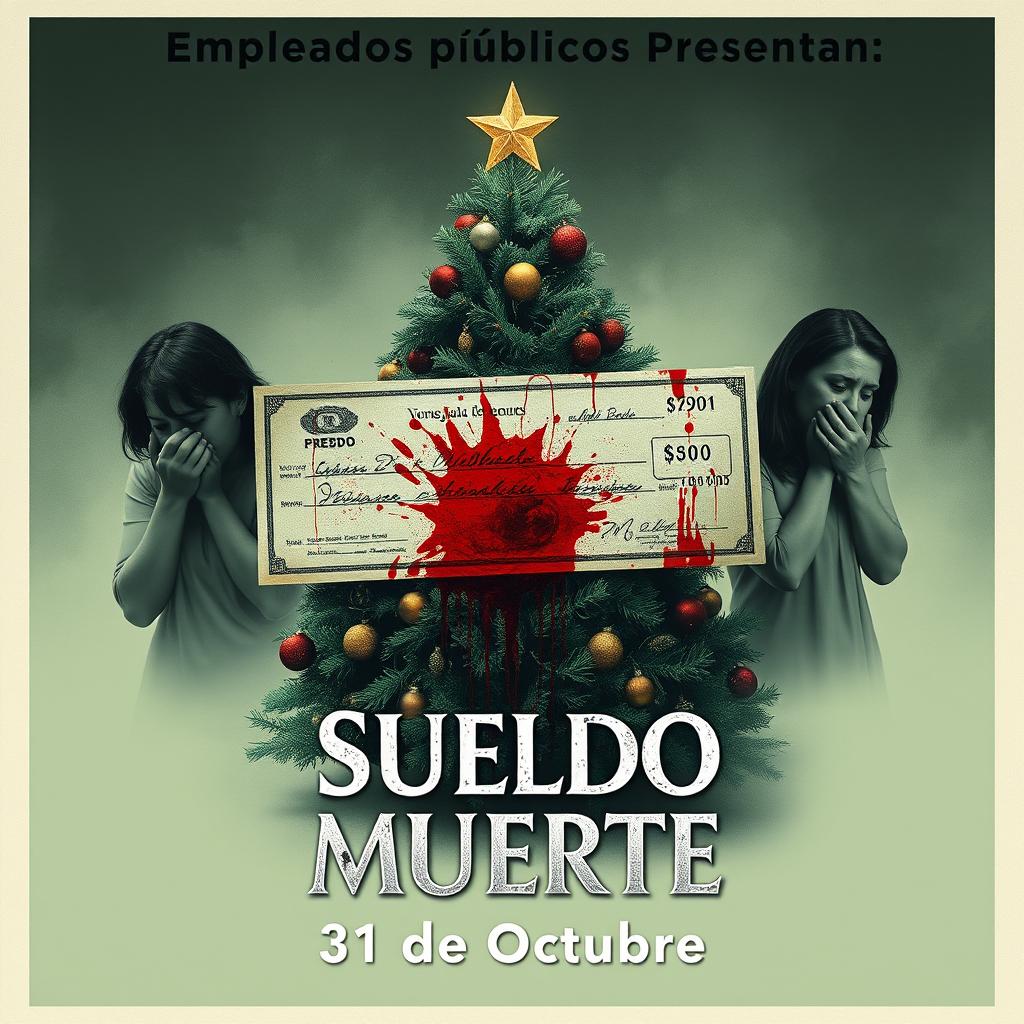 A chilling movie poster for 'Sueldo de Muerte', featuring a bloody paycheck in the center, surrounded by a festive Christmas tree which contrasts with the gruesomeness