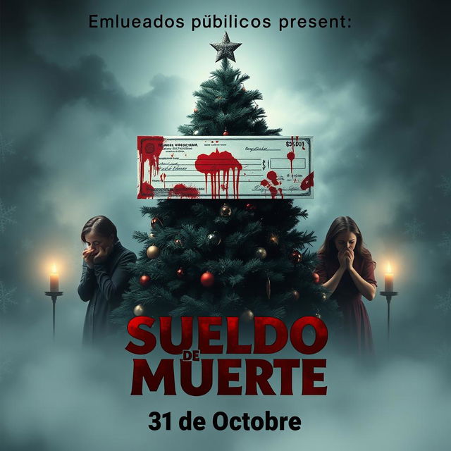 A chilling movie poster for 'Sueldo de Muerte', featuring a bloody paycheck in the center, surrounded by a festive Christmas tree which contrasts with the gruesomeness