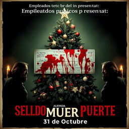 A chilling movie poster for 'Sueldo de Muerte', featuring a bloody paycheck in the center, surrounded by a festive Christmas tree which contrasts with the gruesomeness
