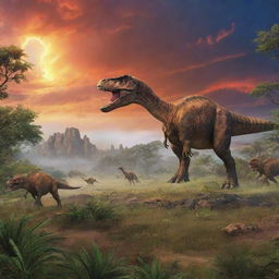 Visualise a vivid prehistoric landscape during the Cretaceous period, featuring expansive plains, towering dinosaur species, and primordial vegetation under a vibrant prehistoric sky.