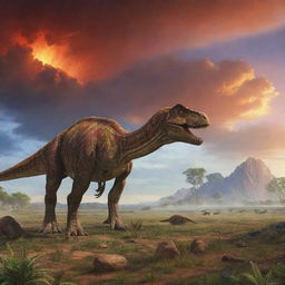 Visualise a vivid prehistoric landscape during the Cretaceous period, featuring expansive plains, towering dinosaur species, and primordial vegetation under a vibrant prehistoric sky.