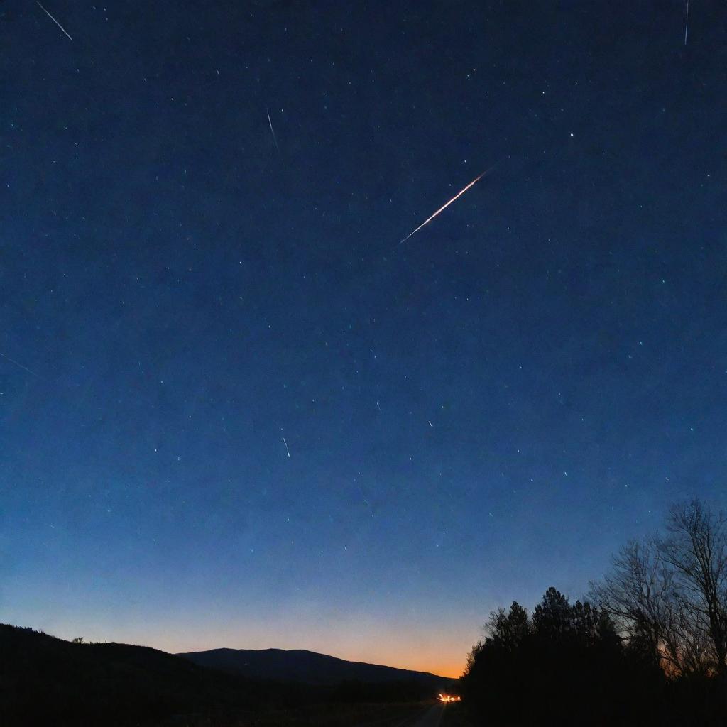 Picture a dramatic, sudden meteor shower, with blazing meteors streaking across a twilight sky, causing striking, luminous trails.