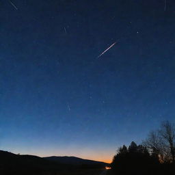 Picture a dramatic, sudden meteor shower, with blazing meteors streaking across a twilight sky, causing striking, luminous trails.