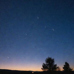 Picture a dramatic, sudden meteor shower, with blazing meteors streaking across a twilight sky, causing striking, luminous trails.