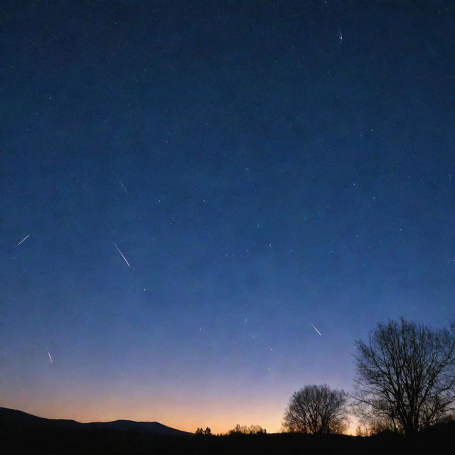 Picture a dramatic, sudden meteor shower, with blazing meteors streaking across a twilight sky, causing striking, luminous trails.