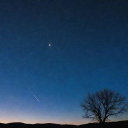 Picture a dramatic, sudden meteor shower, with blazing meteors streaking across a twilight sky, causing striking, luminous trails.