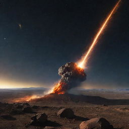 Envision an awe-inspiring collision as the meteor impacts with the ground, sending an explosion of dust, rock, and brilliant light into the atmosphere.